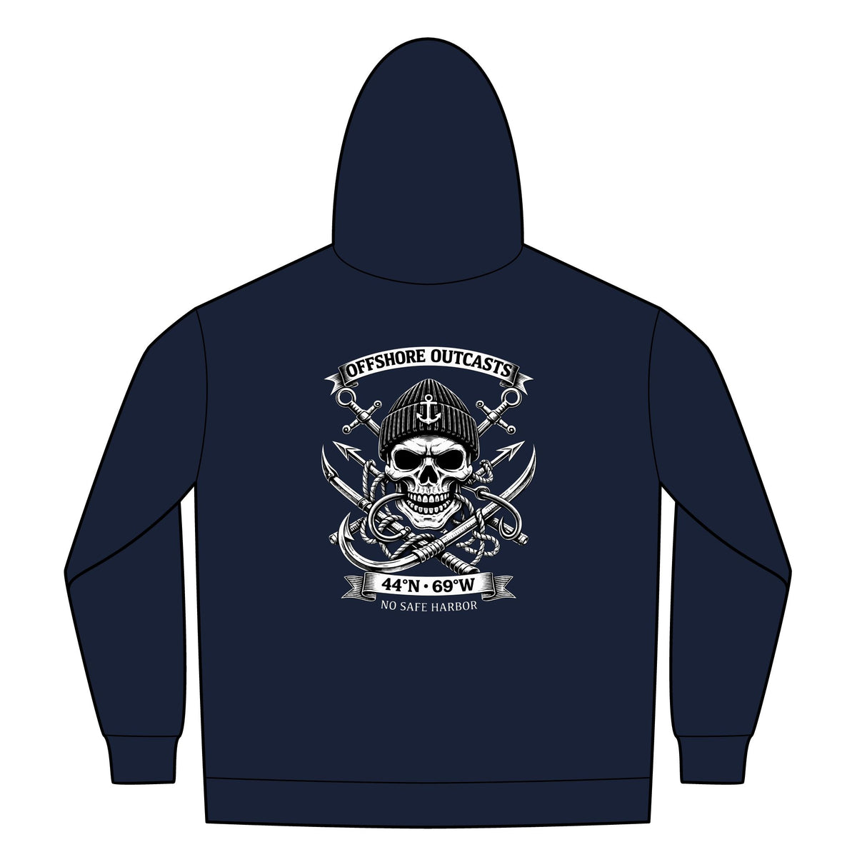 No Safe Harbor Skull Full Zip-Up Hoodie — Offshore Line Fishing Pullover